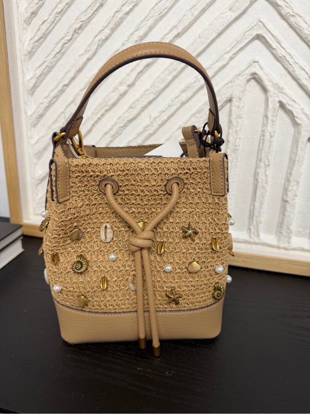 Steve Madden Shell Tan Raffia Embellished Mini Bucket Bag